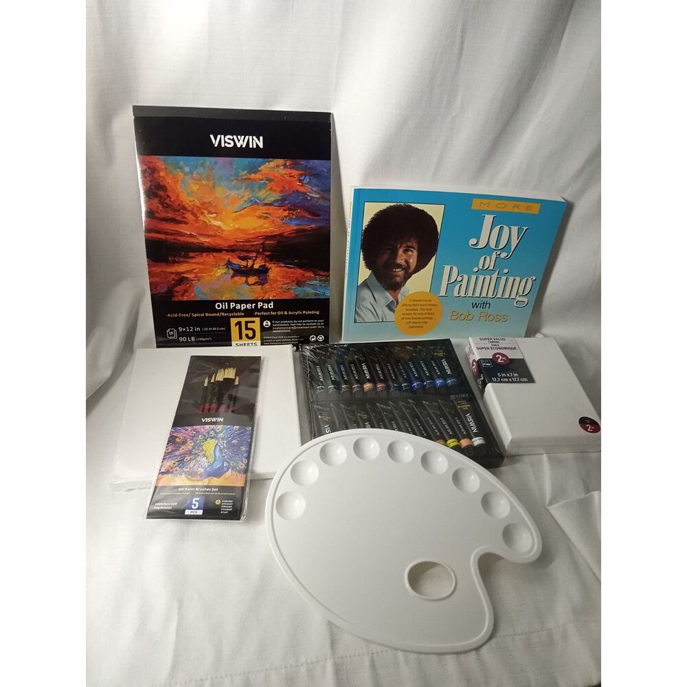 Bob Ross Oil Painting Starter Set Book VISWIN Paints Brushes Canvas Palette Kit